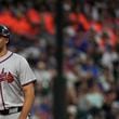 Atlanta Braves' Matt Olson stands on the field during the third inning of a baseball game against the New York Mets, Thursday, July 25, 2024, in New York. (AP Photo/Pamela Smith)