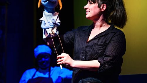 Phoebe Bottoms in "Felt Street," a Dad's Garage improv show where puppets and humans collide in a quirky neighborhood.