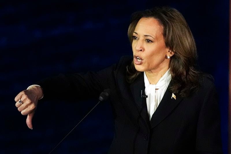 Democratic presidential nominee Vice President Kamala Harris gestures as she speaks during a presidential debate with Republican presidential nominee former President Donald Trump at the National Constitution Center in Philadelphia, Tuesday, Sept. 10, 2024. (AP Photo/Alex Brandon)