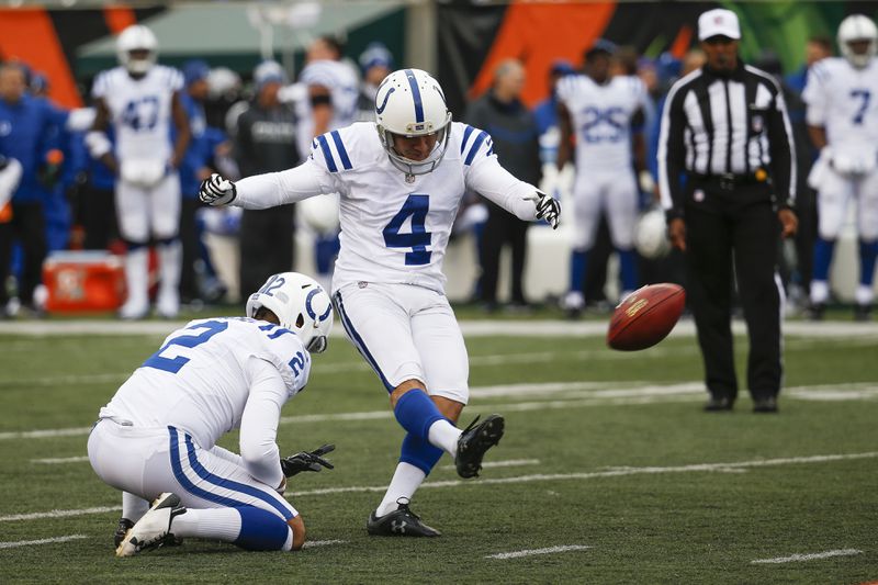 FILE - Indianapolis Colts kicker Adam Vinatieri (4) kicks a field goal from the hold of Rigoberto Sanchez (2) during the first half of an NFL football game against the Cincinnati Bengals, Sunday, Oct. 29, 2017, in Cincinnati. (AP Photo/Frank Victores, File)