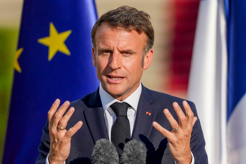 French President Emmanuel Macron attends a press conference at Bellevue Place in Berlin, Germany, Sunday, May 26, 2024. (AP Photo/Markus Schreiber)