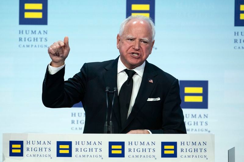 Democratic vice presidential candidate Minnesota Gov. Tim Walz speaks during the Human Rights Campaign (HRC) National Dinner at Walter E. Washington Convention Center in Washington, Saturday, Sept. 7, 2024. (AP Photo/Jose Luis Magana)