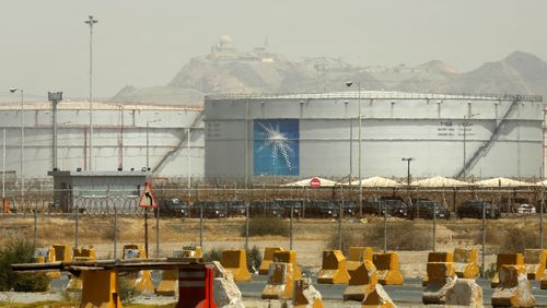 FILE - Storage tanks are seen at the North Jeddah bulk plant, an Aramco oil facility, in Jeddah, Saudi Arabia, on March 21, 2021. (AP Photo/Amr Nabil, File)