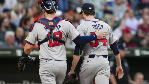 Atlanta Braves catcher Sean Murphy (12) and starting pitcher Max Fried (54) walk to the dugout during the fifth inning of a baseball game against the Baltimore Orioles, Tuesday, June 11, 2024, in Baltimore. (AP Photo/Jess Rapfogel)