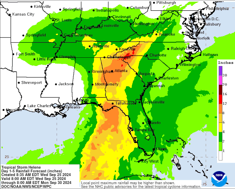 This map shows the forecasted rainfall expected to hit Georgia with Helene from the National Hurricane Center as seen Wednesday, Sep. 25, 2024. Screenshot