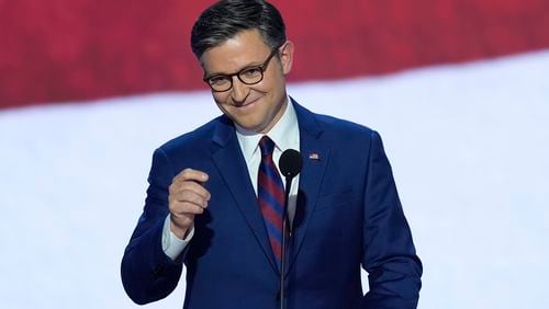 Speaker of the House Mike Johnson, R-La., speaking during the second day of the Republican National Convention on Tuesday, July 16, 2024, in Milwaukee. (AP Photo/J. Scott Applewhite)