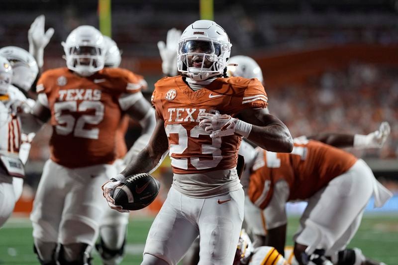 Texas running back Jaydon Blue (23) scores a touchdown against Louisiana-Monroe during the first half of an NCAA college football game in Austin, Texas, Saturday, Sept. 21, 2024. (AP Photo/Eric Gay)