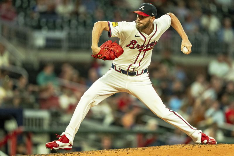 Atlanta Braves pitcher Chris Sale throws in the sixth inning of a baseball game against the Colorado Rockies, Tuesday, Sep. 3, 2024, in Atlanta. (AP Photo/Jason Allen)