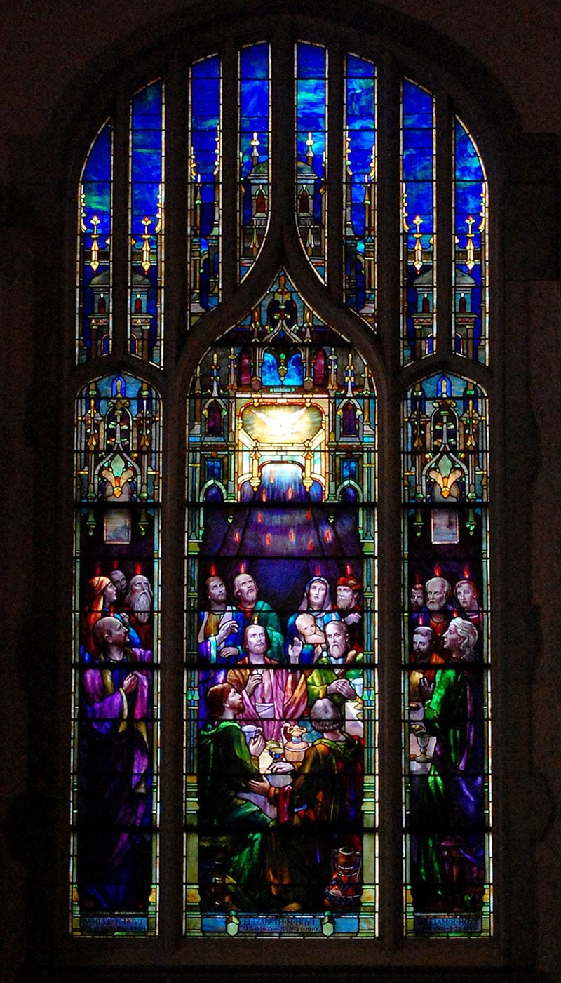 The "Pentecost" window at First Presbyterian Church of Atlanta is by D'Ascenzo and depicts the disciples welcoming a glowing dove that represents the Holy Spirit.