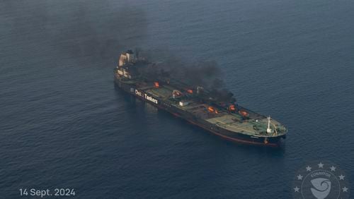 This photo released by the European Union's Operation Aspides naval force shows the oil tanker Sounion burning in the Red Sea following a series of attacks by Yemen's Houthi rebels, on Saturday Sept. 14, 2024. (European Union's Operation Aspides via AP)