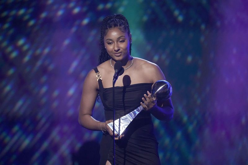 Juju Watkins of the Southern California women's basketball team accepts the Breakthrough Athlete of the Year award at the ESPY awards on Thursday, July 11, 2024, at the Dolby Theatre in Los Angeles. (AP Photo/Mark J. Terrill)