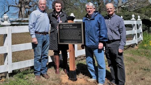 Citizen volunteers (from left) Bill Lusk, Joan Borzilleri, Norman Broadwell and Bob Meyers worked over the past year on a project to install 28 historical markers around Milton. CITY OF MILTON