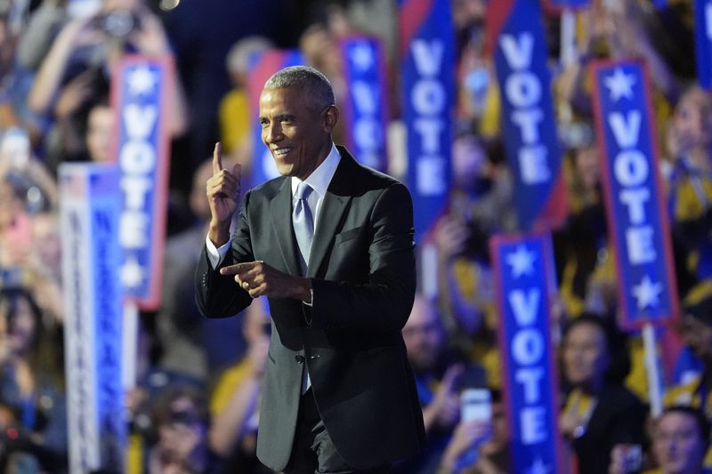 Former President Barack Obama speaks during the Democratic National Convention Tuesday, Aug. 20, 2024, in Chicago. (AP Photo/Charles Rex Arbogast)