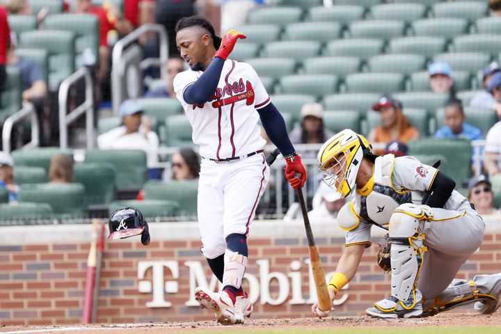 Atlanta second baseman Ozzie Albies reacts after striking during the first inning Sunday, June 12, 2022, in Atlanta. (Miguel Martinez / miguel.martinezjimenez@ajc.com)