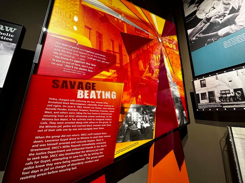 Information about the 1963 beating of civil rights activists at a jail in Winona, Miss., is shown in an exhibit in the Mississippi Civil Rights Museum on Wednesday, Aug. 14, 2024, in Jackson, Miss. (AP Photo/Stephen Smith)