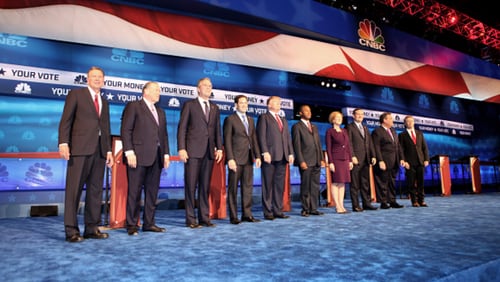 CNBC hosted a 2015  Republican presidential debate at the University of Colorado Boulder in Boulder. Pictured: (l-r) John Kasich, Mike Huckabee, Jeb Bush, Marco Rubio, Donald Trump, Ben Carson, Carly Fiorina, Ted Cruz, Chris Christie, and Rand Paul.