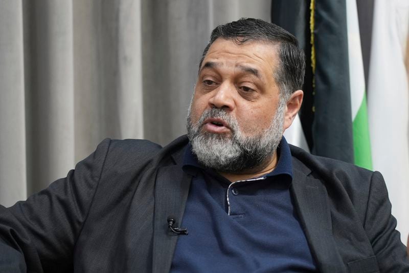 Hamas political official Osama Hamdan speaks during an interview with The Associated Press in Doha, Qatar, Tuesday Aug. 13, 2024. (AP Photo/Malak Harb)