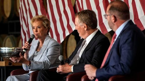 Former Small Business Administration Administrator Linda McMahon speaks during a town hall-style meeting Tuesday in Braselton in support of Republican presidential nominee Donald Trump. (AP Photo/Mike Stewart)