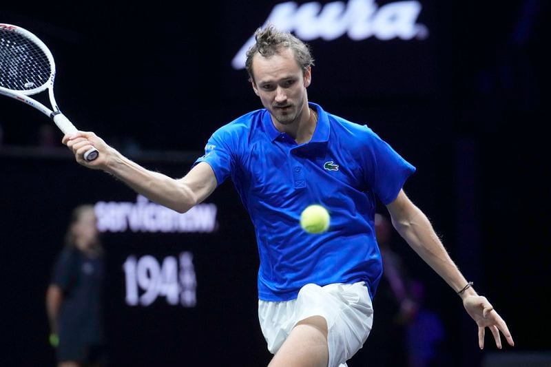 Team Europe's Daniil Medvedev returns to team World's Ben Shelton on the third day of the Laver Cup tennis tournament, at the Uber arena in Berlin, Germany, Sunday, Sept. 22, 2024. (AP Photo/Ebrahim Noroozi)