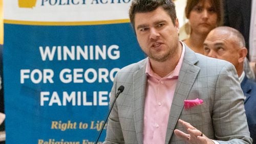 Frontline Policy president Cole Muzio speaks at an anti-abortion press conference in the state capital Friday, May 6, 2022. (Steve Schaefer / steve.schaefer@ajc.com)
