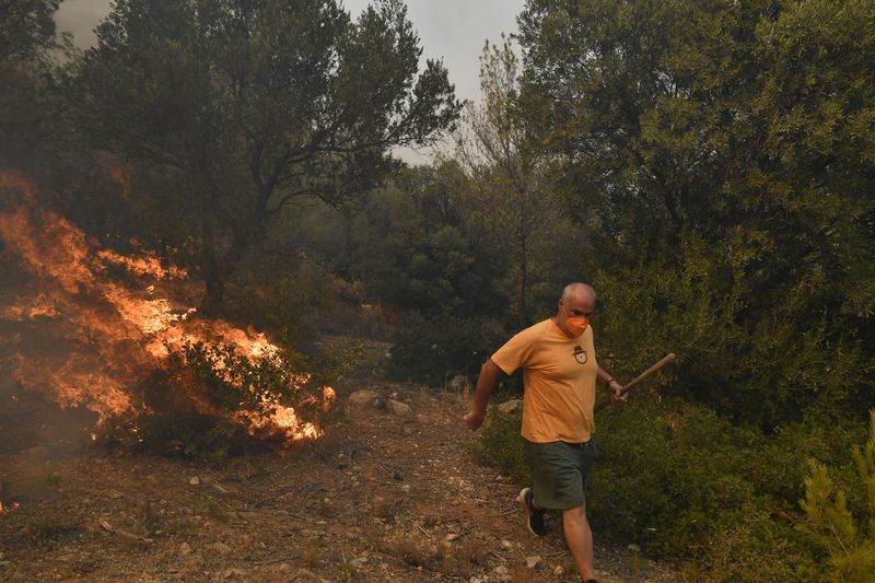 A man passes next to flames during a fire in northern Athens, Monday, Aug. 12, 2024, as hundreds of firefighters tackle a major wildfire raging out of control on fringes of Greek capital. (AP Photo/Michael Varaklas)