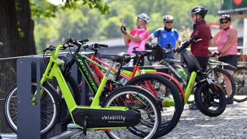 An e-bike charging station. Photo by: Martin Schutt/picture-alliance/dpa/AP Images