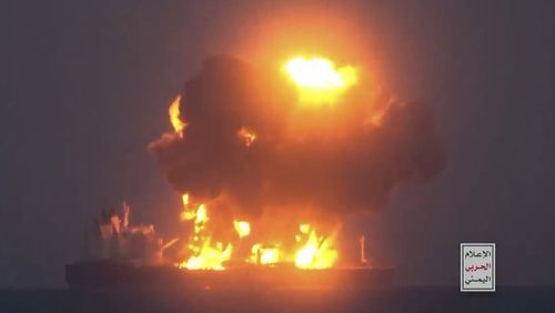 This frame grab from video released by the Ansar Allah Media Office, the media arm of Yemen's Houthi rebels, on Friday, Aug. 23, 2024, shows what the Houthis describe as one of their attacks on the Greek-flagged oil tanker Sounion in the the Red Sea. The logo in the bottom righthand corner of the image reads in Arabic: "Yemeni War Media." (Ansar Allah Media Office via AP)