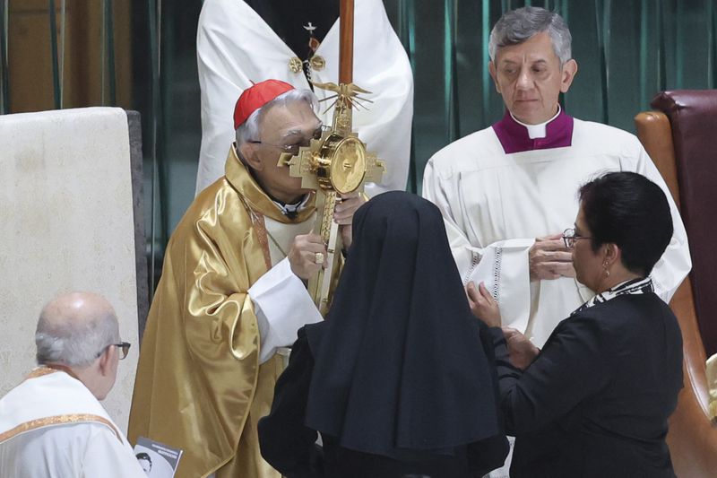 Cardinal Marcello Semeraro presides over the beatification ceremony of Rev. Moisés Lira at the Basilica of Our Lady of Guadalupe in Mexico City, Saturday, Sept. 14, 2024. (AP Photo/Ginnette Riquelme)