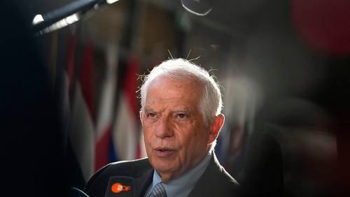 European Union foreign policy chief Josep Borrell speaks with the media as he arrives for a meeting of EU foreign ministers at the European Council building in Brussels, Thursday, Aug. 29, 2024. (AP Photo/Virginia Mayo)