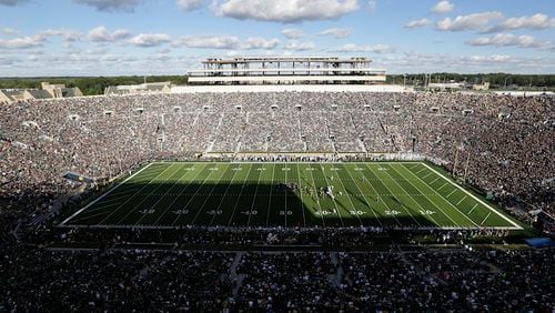 They general overview of field at Notre Dame Stadium is shown during the second half of an NCAA college football game between Notre Dame and Georgia Tech in South Bend, Ind., Saturday, Sept. 19, 2015. Notre Dame defeated Georgia Tech 30-22. (AP Photo/Michael Conroy)