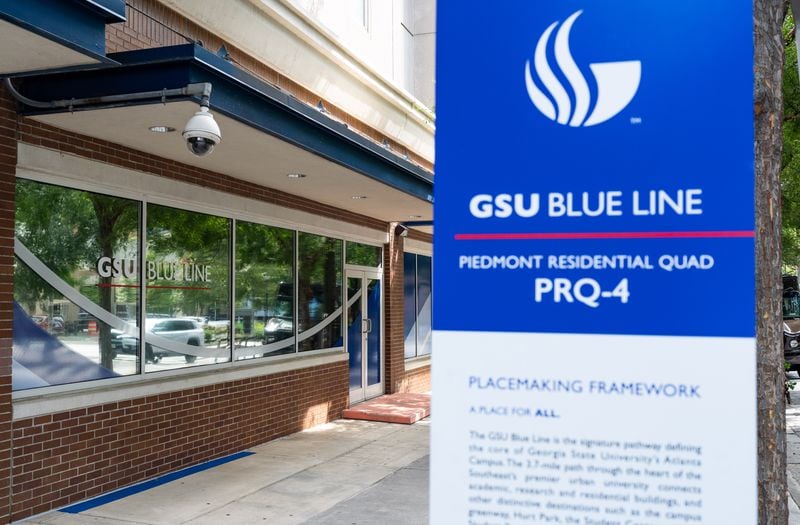 Signage indicates Georgia State University’s “Blue Line” surrounding its campus in Atlanta on Wednesday, August 21, 2024. (Seeger Gray / AJC)