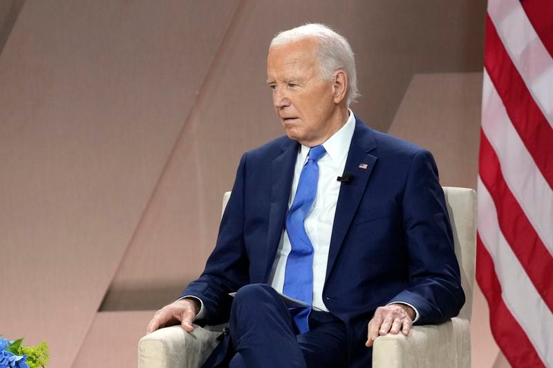 President Joe Biden listens during a meeting with Ukraine's President Volodymyr Zelenskyy on the sidelines of the NATO Summit in Washington, Thursday, July 11, 2024. (AP Photo/Susan Walsh)