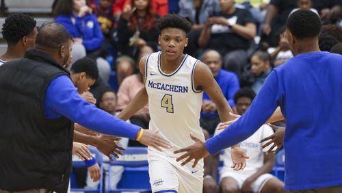 McEachern forward Ace Bailey (4) is introduced before their quarterfinal round against Norcross of the Class 7A boys GHSA boys basketball playoffs at McEachern High School, Wednesday, Feb. 28, 2024, in Powder Springs, Ga. Bailey scored 33 points to lead McEachern in their 72-57 win against Norcross to advance to the semi-finals Saturday. (Jason Getz / jason.getz@ajc.com)