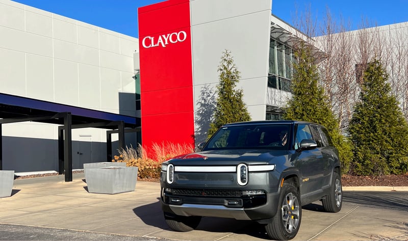 Clayco was chosen to build Rivian's planned $5 billion electric vehicle factory in Georgia. The photo shows a R1S in front of Clayco's offices.