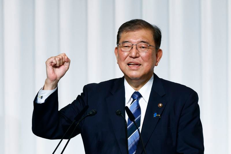 Shigeru Ishiba, the newly elected leader of Japan's ruling party, the Liberal Democratic Party (LDP) gestures during a press conference after the LDP leadership election, in Tokyo, Friday, Sept 27, 2024. (Kim Kyung/Pool Photo via AP)