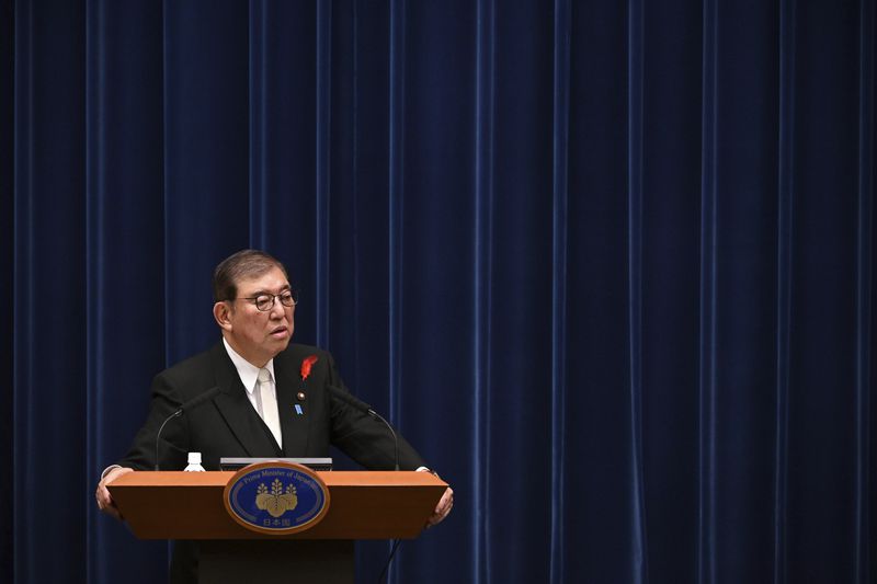 Japan's newly elected Prime Minister Shigeru Ishiba holds a press conference at the prime minister's office in Tokyo Tuesday, Oct. 1, 2024. (Yuichi Yamazaki/pool photo via AP)