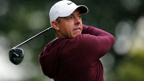 Rory McIlroy attends the day one of the BMW PGA Championship at Wentworth Golf Club in Virginia Water, Surrey, England, Thursday, September 19, 2024. (Zac Goodwin/PA via AP)