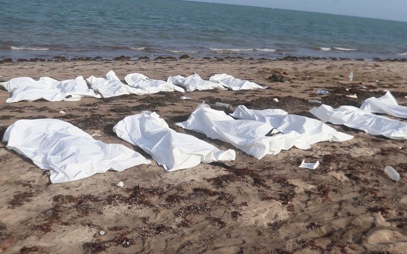 In this image made from video, bodies of migrants who were washed away are seen on the shore of the Red Sea, off the coast in Djibouti Wednesday, Oct. 2, 2024. (Djiboutian Coast Guard via AP)