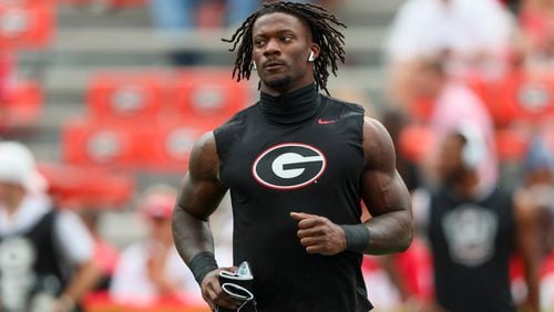 Georgia linebacker Smael Mondon Jr. warms up before their game against South Carolina at Sanford Stadium, Saturday, September 16, 2023, in Athens, Ga. Georgia won 24-14. (Jason Getz / Jason.Getz@ajc.com)