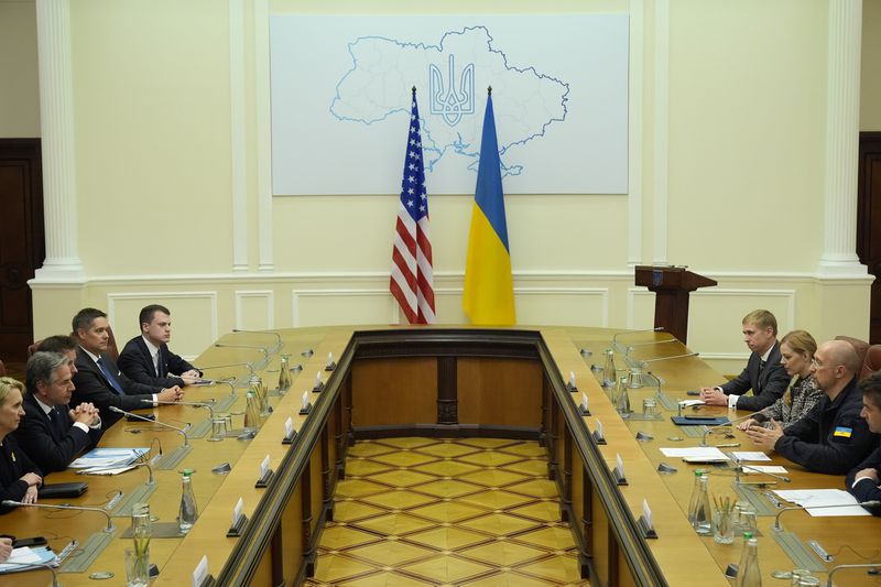 U.S. Secretary of State Antony Blinken, second left, meets with Ukraine's Prime Minister Denys Shmyhal, second right, at the Cabinet of Ministers in Kyiv, Ukraine, Wednesday, Sept. 11, 2024. (AP Photo/Mark Schiefelbein, Pool)