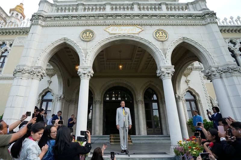 FILE- Thai Prime Minister Srettha Thavisin talks to reporters during a press conference at Government house in Bangkok, Thailand after a court removed Srettha from office over an ethical violation Wednesday, Aug. 14, 2024. (AP Photo/Sakchai Lalit, File)