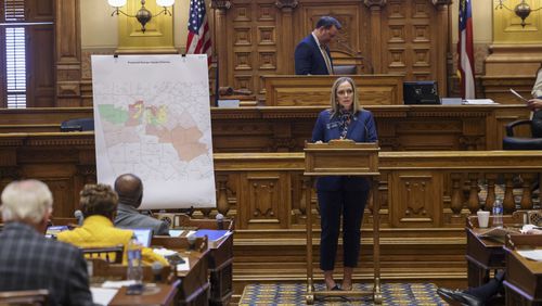 Sen. Shelly Echols, R-Gainesville, speaks Friday about redistricting for the state Senate during the special session that ended last week at the Georgia Capitol. Alpha Phi Alpha fraternity has filed an objection that the redistricting adversely affects Black voters. (Jason Getz / Jason.Getz@ajc.com)