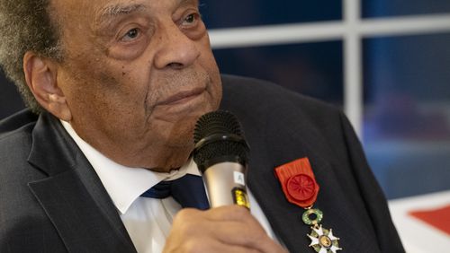 Ambassador Andrew Young gives remarks just after receiving the French Legion of Honor medal in Atlanta on Thursday, Oct. 19, 2023. (Ben Gray/Ben@BenGray.com)
