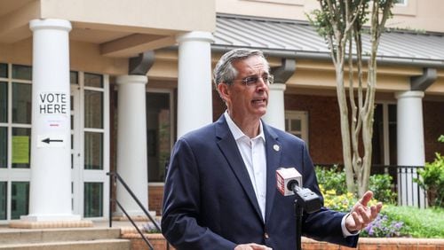 Brad Raffensperger, Georgia Secretary of State, speaks during an interview with NBC affiliate Channel 11 outside of the Smyrna Community Center.