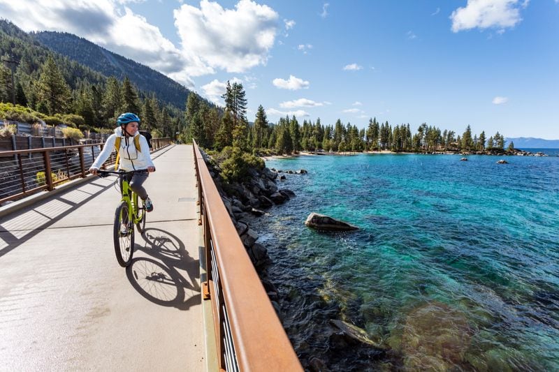 The 3-mile-long Tahoe East Shore Trail takes you from Incline Village to Sand Harbor State Park from the water's edge.