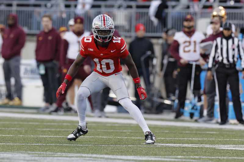 FILE - Ohio State defensive back Denzel Burke plays against Minnesota during an NCAA college football game Saturday, Nov. 18, 2023, in Columbus, Ohio. (AP Photo/Jay LaPrete, File)