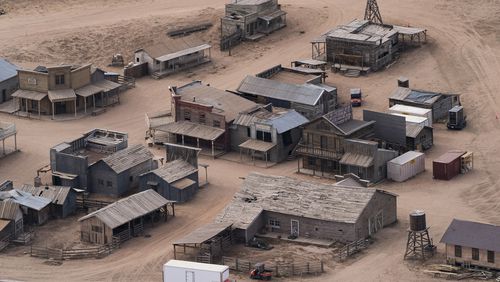 This aerial photo shows the Bonanza Creek Ranch in Santa Fe, N.M., Saturday, Oct. 23, 2021. Actor Alec Baldwin fired a prop gun on the set of a Western being filmed at the ranch on Thursday, Oct. 21, killing the cinematographer, officials said. (AP Photo/Jae C. Hong)