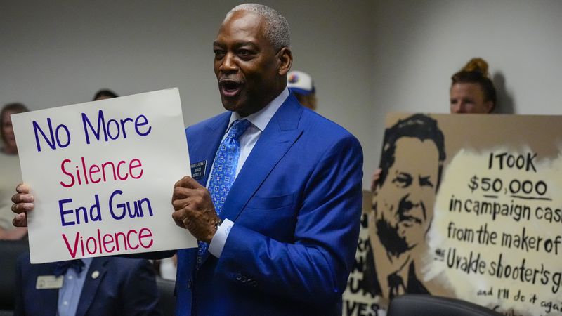 Georgia Sen. Sen. Emanuel Jones speaks in a meeting at the state Capitol, where children spoke to legislators about gun violence, Thursday, Sept. 19, 2024, in Atlanta. (AP Photo/Mike Stewart)