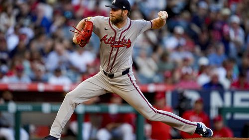 Atlanta Braves starting pitcher Chris Sale throws during the first inning of a baseball game against the Los Angeles Angels, Saturday, Aug. 17, 2024, in Anaheim, Calif. (AP Photo/Ryan Sun)