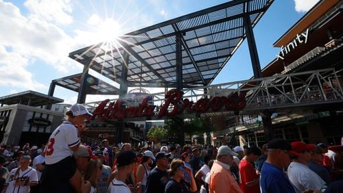 Braves fans waited at the Battery Atlanta for the Truist Park gates to open just before the Atlanta Braves’ game against the Cincinnati Reds on Monday, July 22, 2024.
(Miguel Martinez/ AJC)